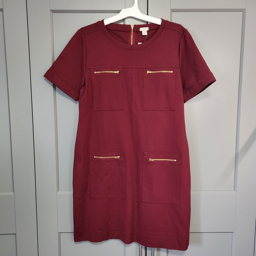 New J Crew Burgundy Zipper Pocket Shift Dress Career Short Sleeve 14 J. Crew